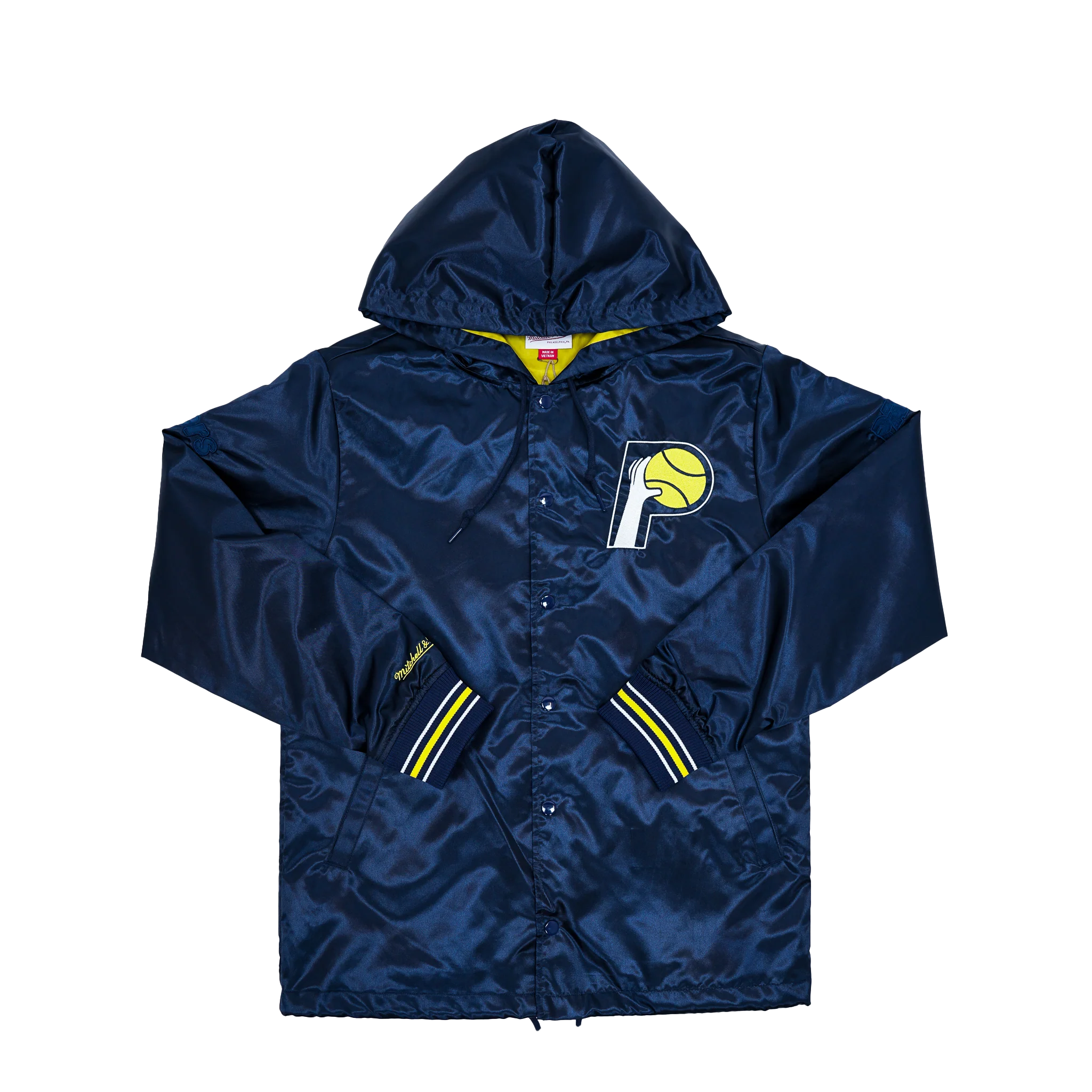 Adult Indiana Pacers Satin Coaches Hooded Jacket in Navy by Mitchell & Ness