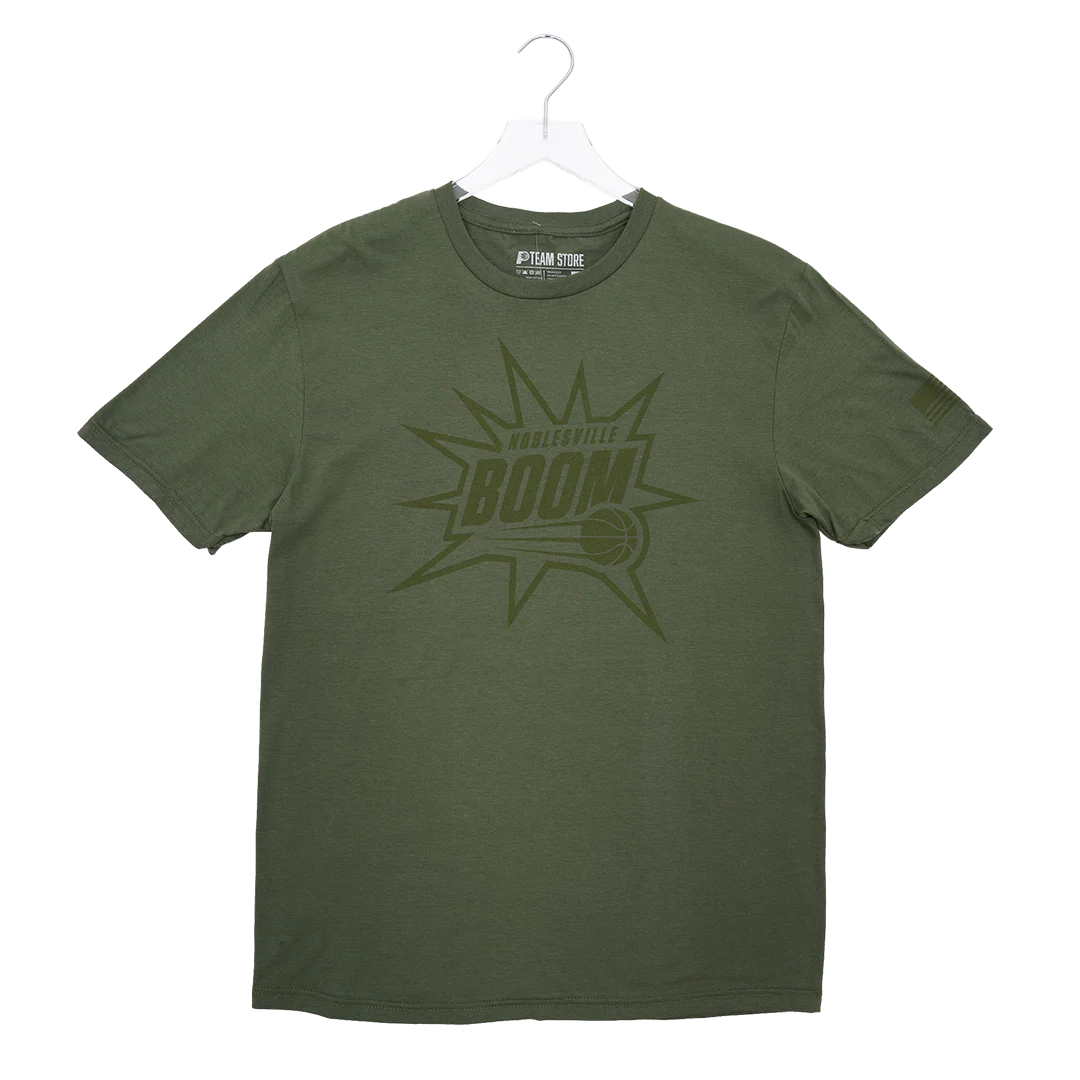 Adult Noblesville Boom Hoops For Troops T-shirt in Olive Green by Boom Team Store